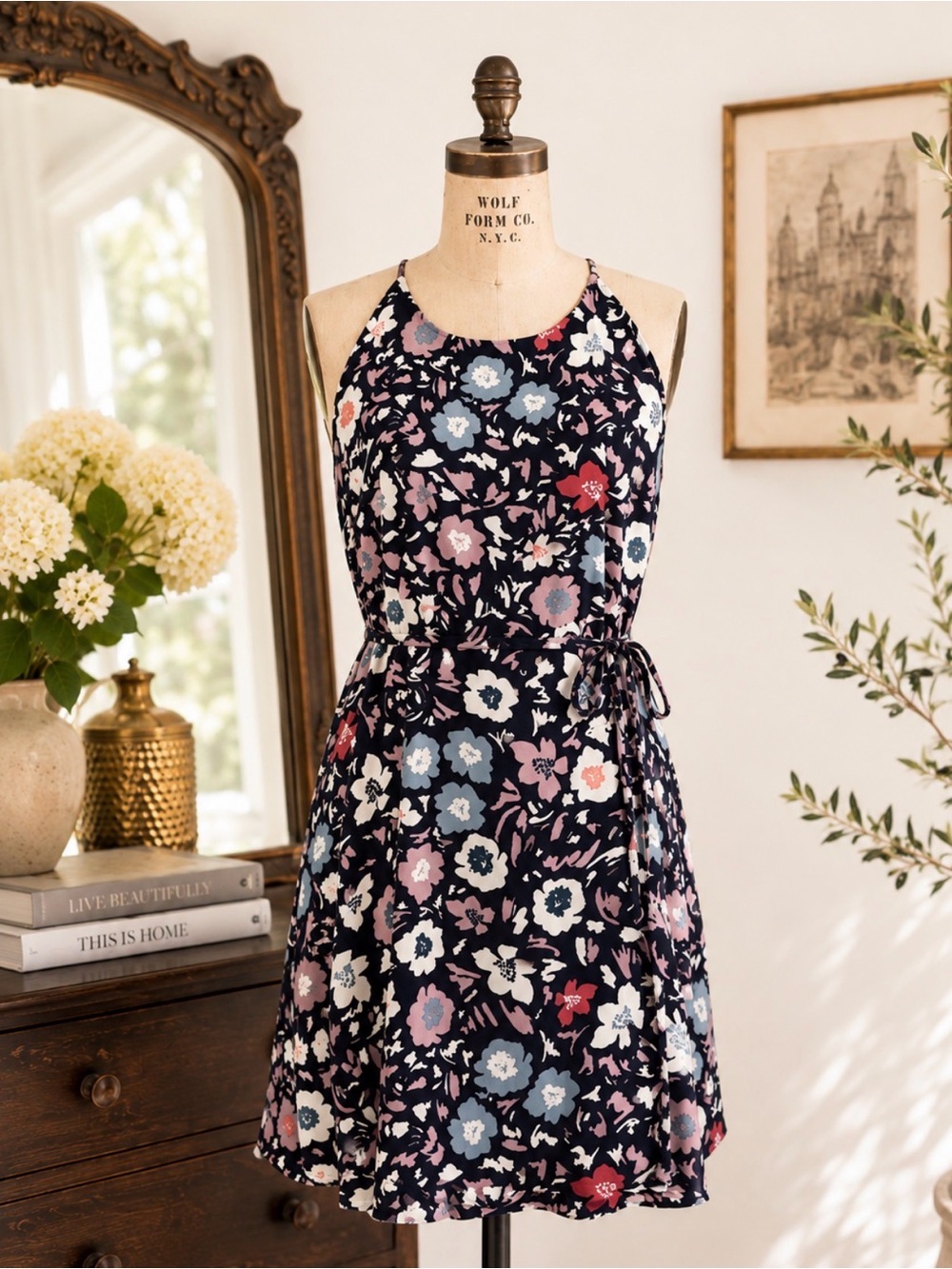 LOFT Navy Floral Tie Waist Sleeveless High Low Dress Small Petite